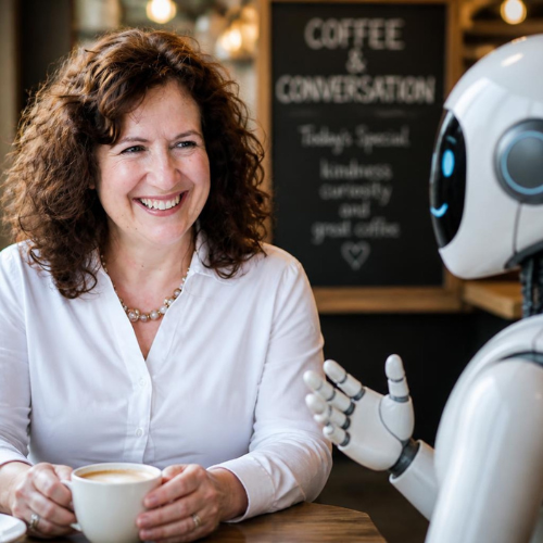 Jane talks to a robot over a coffee
